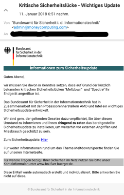 Screenshot einer gefälschten E-Mail des BSI mit angeblicher Sicherheitswarnung, Quelle: Pressemitteilung des BSI