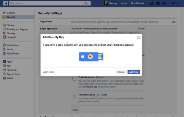 Facebook Security Key, Bildquelle: Facebook.com