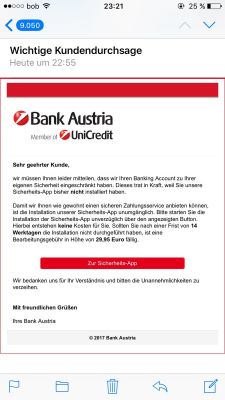 Die Phishing-Mail mit Link zur angeblichen Sicherheits-App, Bildquelle: futurezone.at
