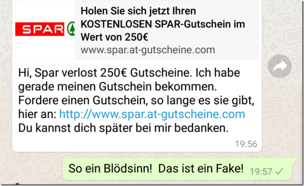 Die angebliche Gutschein-Aktion von SPAR, ein Fake, Bildquelle: mimikama.at