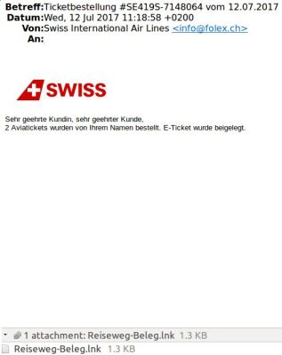 Die angebliche Flugbestätigung von Swiss, Bildquelle: pctipp.ch
