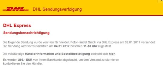 Die gefälschte DHL-Nachricht, Bildquelle mimikama.at