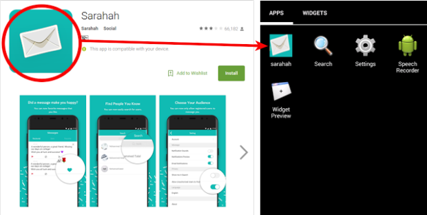 Sarahah-App  Original links, Fake-App rechts, Bildquelle: Zscaler blogpost
