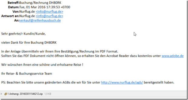 Gefälschte Mail über Buchungsbestätigung