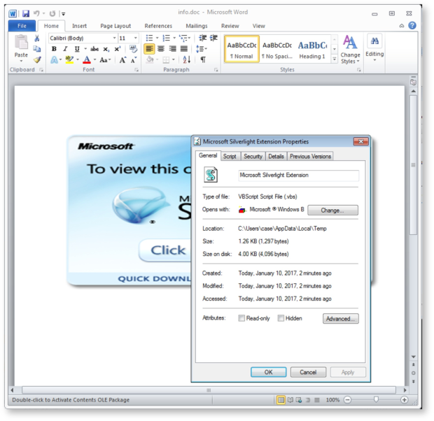 Anzeige der Eigenschaften einer Datei, Bildquelle: proofpoint.com