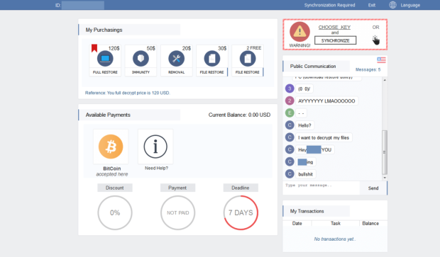 Die Spora Bezahl-Seite enthält einen Chat und bietet verschiedene Entschlüsselungs-Pakete zu verschiedenen Preisen, Bildquelle:blog.gdata.de