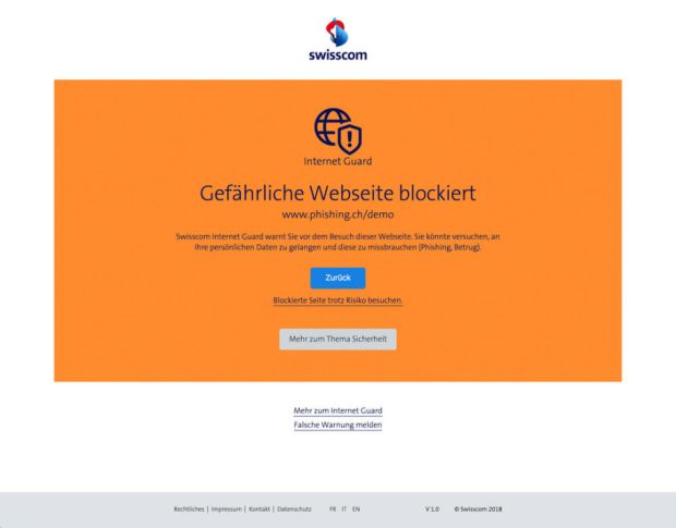 Die neue Warnseite, Bildquelle: Swisscom