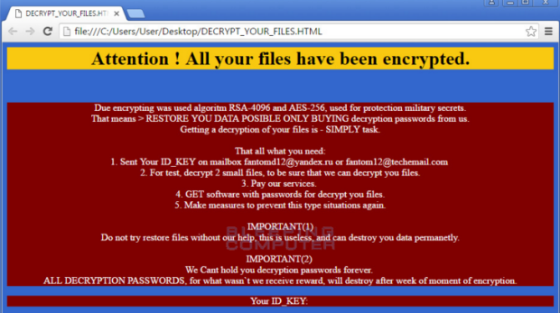 Über DECRYPT_YOUR_FILES.HTML erscheint die Lösegeldforderung und Kontaktinformationen fantomd12@yandex.ru oder fantom12@techemail.com, Bildquelle: Bleepingcomputer.com