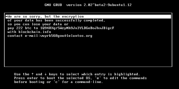 Linux KillDisk Ransom GRUB-Bootloader Benachrichtigung, Bildquelle: welivesecurity.com