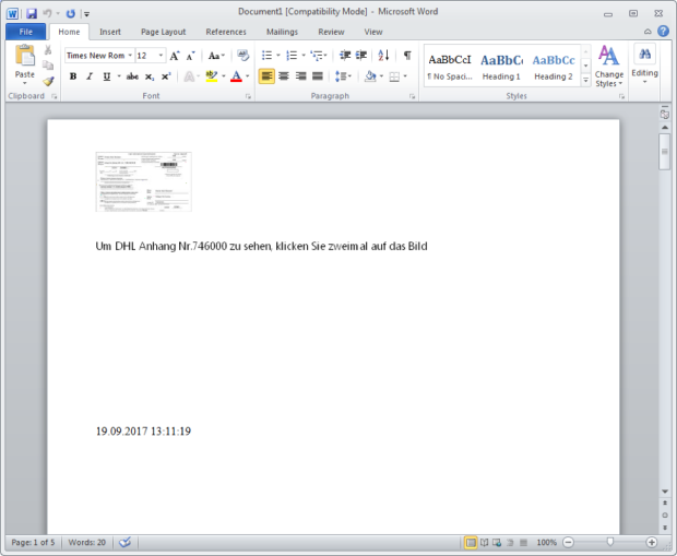 Retefe Microsoft Word attachment, Bildquelle: Blogpost proofpoint