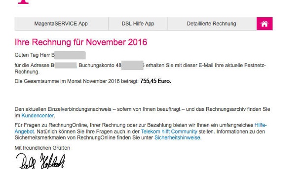 Beispiel für eine gefälschte Rechnung der Telekom, die Telekom-Kunden in die Betrugsfalle locken soll, Bildquelle: t-online.de