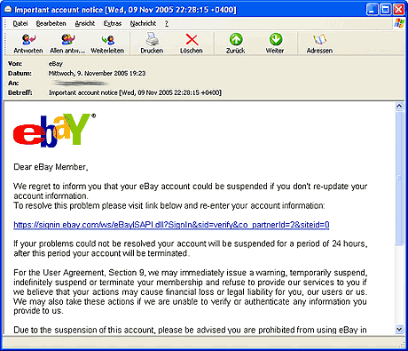 Phishingmail nach eBay Daten