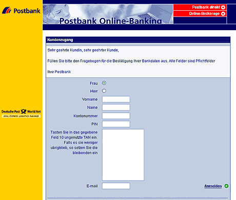 Falsche Postbank Webseite